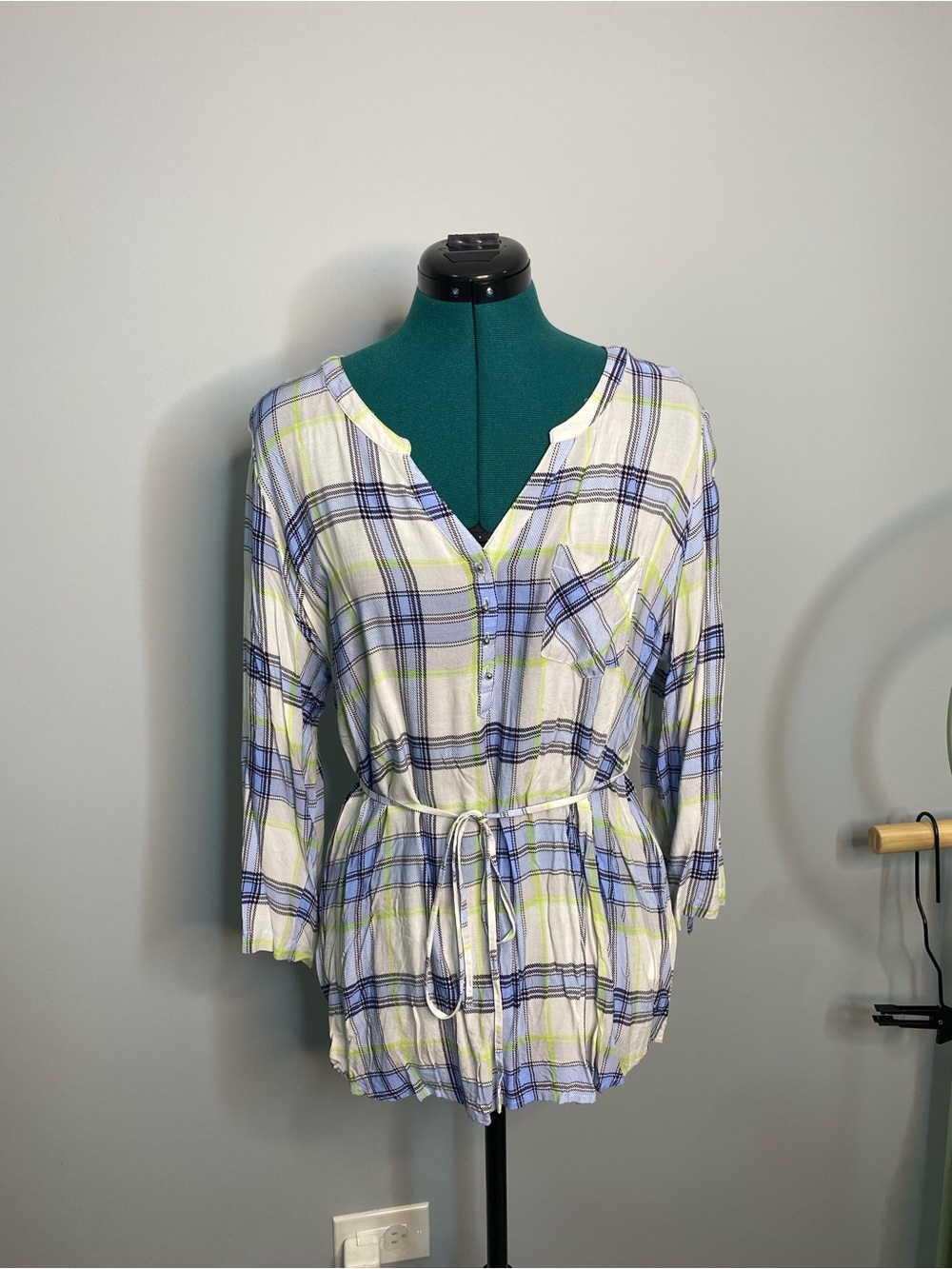 Motherhood Plaid Tie-Waist Blouse - Blue & Lime